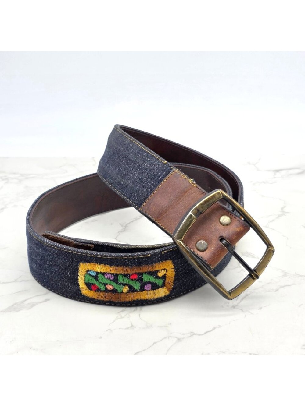 Mens Leather and Denim Belt 38 Vintage Embroidered Folk Art Hippie Grunge Boho